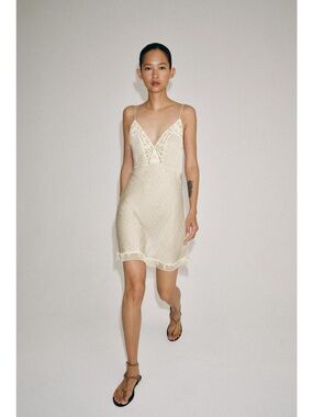 Zara Cream Lace-Trim Embroidered Slip Dress
